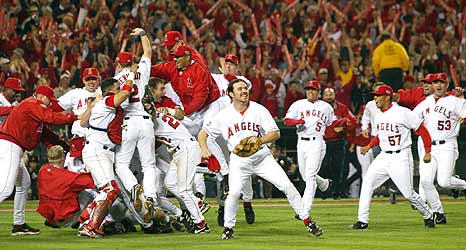 The Angels celebrate after winning Game 7 of the 2002 World Series.
